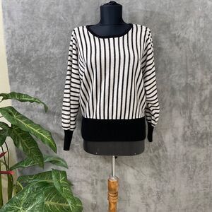T Tahari Ponte Knit Sweater Women’s Size L Dolman sleeves vertical stripes.